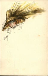 Woman's Head with Large Hat and Feathers Women Postcard Postcard