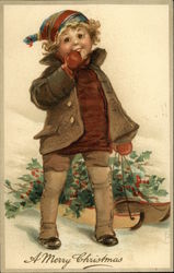 A Merry Christmas with Child pulling a sled full of Holly Branches Postcard