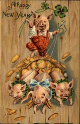 A Happy New Year with Pigs, Gold Coins, and Shamrocks Postcard