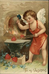 To My Valentine - Cupid Blacksmith Welding Hearts Postcard Postcard