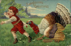 Thanksgiving Greetings with Large Turkey Pulling on Boy's Shirt Postcard