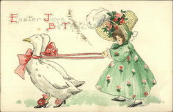 Little Girl In Green Holds The Reins of Two White Geese Postcard Postcard