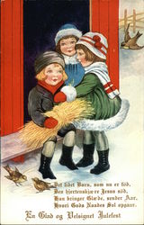 Three Children Tying Hay Sheaves at Barn Postcard Postcard