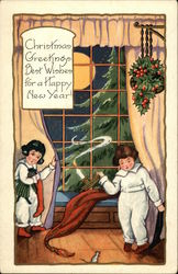 Two Children Waiting at Window For Santa Postcard