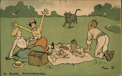 A Rude Awakening - Bull Runs Toward Picnickers Postcard