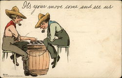 To Men Playing Checkers on Barrel Postcard
