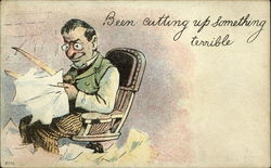 Man Sits In Chair And Cuts Up Paper With Large Scissors Postcard