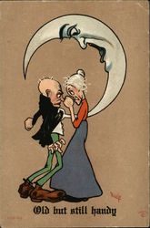 Old Man And Woman Argue Beneath A Quarter Moon Postcard
