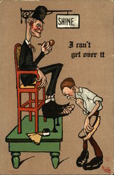 Shoeshine Man Looking at Shoes With Holes in Them Postcard