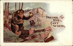 Bear Sits On Man Whose Belongings Are Scattered Comic, Funny Postcard Postcard