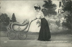 Woman In Old-fashioned Dress Pushes Baby Carriage Women Postcard Postcard