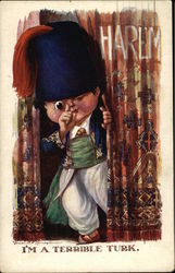 Boy in Fez Hat Peeking From Behind Harem Curtain Postcard