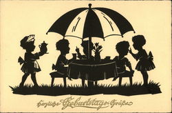 Children Gathering Under Umbrella For Picnic Children Gathering Under Umbrella For Picnic