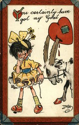 Little Girl Leads Goat With Heart Caught on Its Horns Comic Postcard Postcard