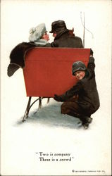 Couple in Sled With Boy Hanging On Back Couples Postcard Postcard