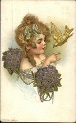 Little Girl With Blue Flowers and Golden Bird Postcard