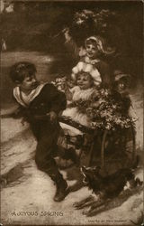 A Boy Pulls Cart With Three Little Girls, Dog Runs Along Too Postcard