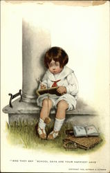Little Boy Struggles With His School Slate And Book Little Boy Struggles With His School Slate And Book