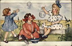 Three Little Girls Blow Soap Bubbles Postcard