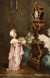 Girl Holding Flowers Watching Grandfather Clock Women Postcard Postcard