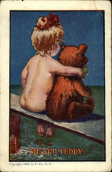 Naked Girl and Teddy Sitting on Bench in Water Postcard