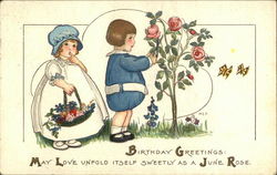 Two Children Picking Roses Postcard
