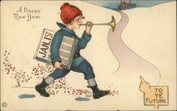 A Happy New Year with Boy Carrying Newspaper and Blowing Horn Postcard