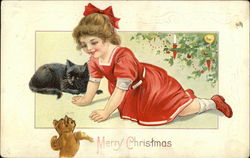 Merry Christmas with Young Girl in Red playing with Kittens Postcard