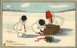 Three Children Unwrap a Basket on a Snowy Field Postcard