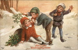 Three Children Play And Gather Holly And Mistletoe Postcard