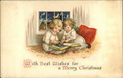 With Best Wishes for a Merry Christmas - Children Reading Story Book Postcard