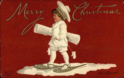 Merry Christmas with Young Boy in Snowshoes Postcard