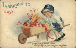 Thanksgiving Joys with Pilgrim Boy and Vegetable Cart Postcard