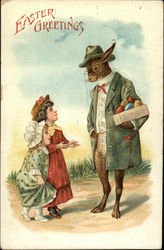 Children Talking to Bunny in Green Coat Postcard