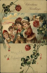 Christmas Greetings - Four Children with Flowers Postcard