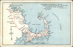 Map Showing Automobile Routes Boston to Provincetown and Return Following State Highways Cape Cod, MA Postcard Postcard