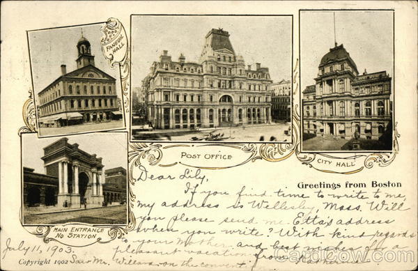 Greetings from Boston, Post Office, City Hall, Main Entrance No. Station Massachusetts