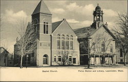 Baptist Church, Police Station and Library Leominster, MA Postcard Postcard