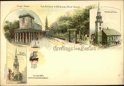 Greetings from Boston, King's Chapel, Park St. Church & Old Granary Burial Ground Postcard