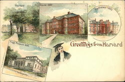 Greetings from Harvard, The Yard, Sever-1880, Matthews-1870, Fogg Museum-1835 Cambridge, MA Postcard Postcard