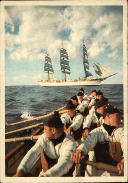 Men rowing boat toward sail boat