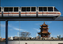 The TNT Harbourlink monorail passing the pagoda of the Chomese Garden at Darling Harbour Postcard