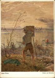 Man Painting a Landscape Painting from a Hill Postcard