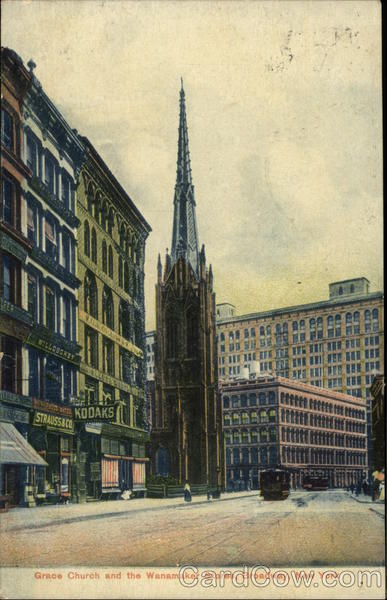 Grace Church and the Wanamaker Stores, Broadway New York