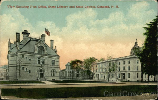 View Showing Post Office, State Library and State Capitol Concord New Hampshire