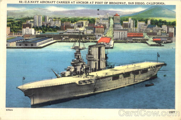 U.S. Navy Aircraft Carrier At Anchor At Foot Of Broadway San Diego California
