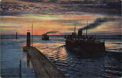 Milwaukee Clipper And Ferry Boat Leaving Harbor Muskegon, MI Postcard Postcard