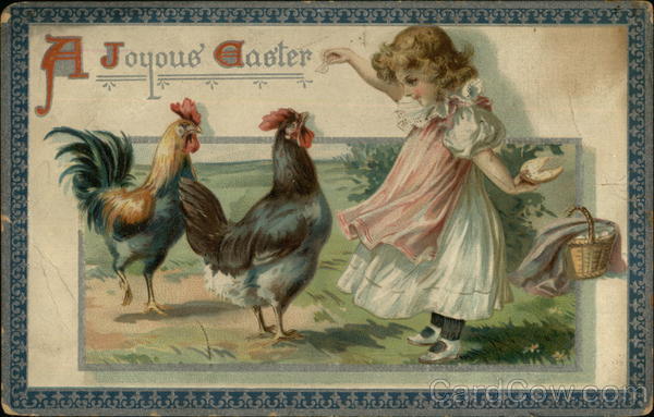 A Joyous Easter - Girl with Two Roosters With Children