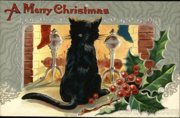 A Merry Christmas - Black Cat in Front of Fire With Cats