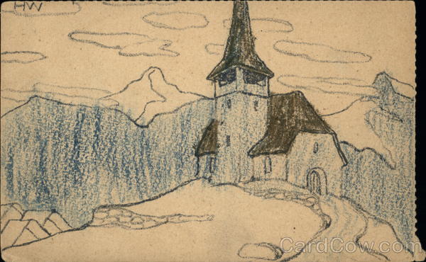 Church in Mountains Hand Drawn